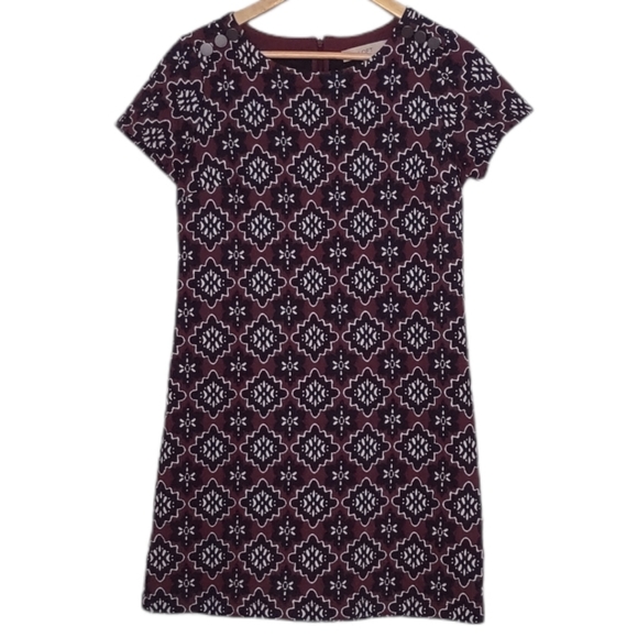 Loft Burgundy+Navy Jacquard Shift Dress In Size 2 - Picture 3 of 7